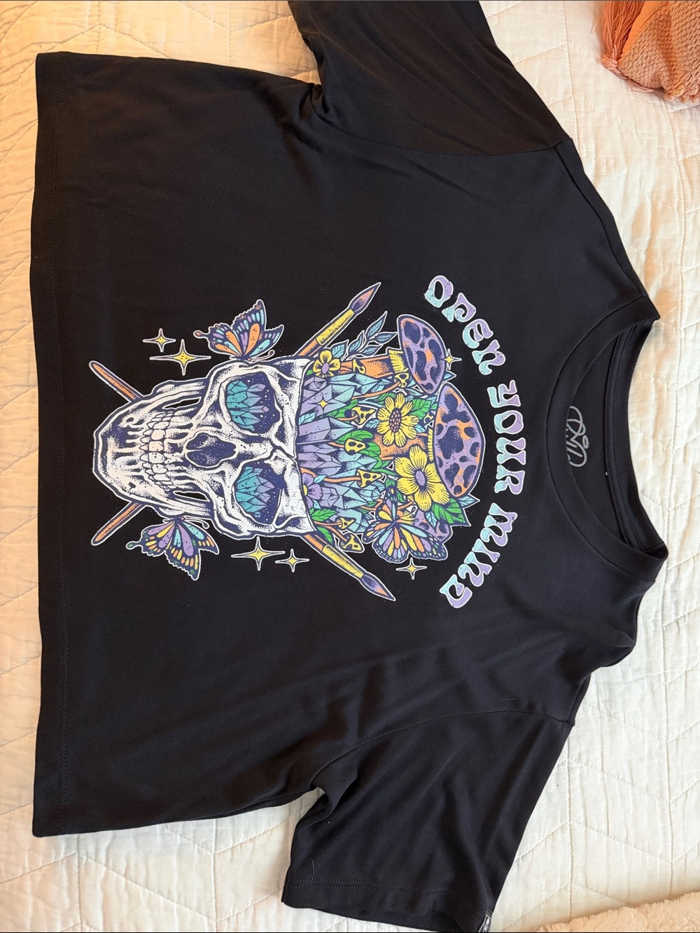 Black Graphic Crop Top with Colorful Skull & Floral Print